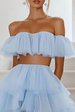 Sky Blue Tulle Two Pieces A Line Short Cocktail Dress with Ruffles