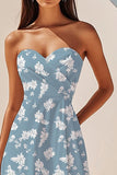 Blue White Flower Chiffon Sweetheart Short Boho Dress