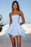 Black Ruffled Chiffon Strapless Short Cocktail Dress