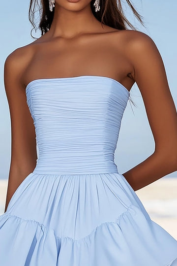 Sky Blue Chiffon Strapless Short Cocktail Dress with Ruffles