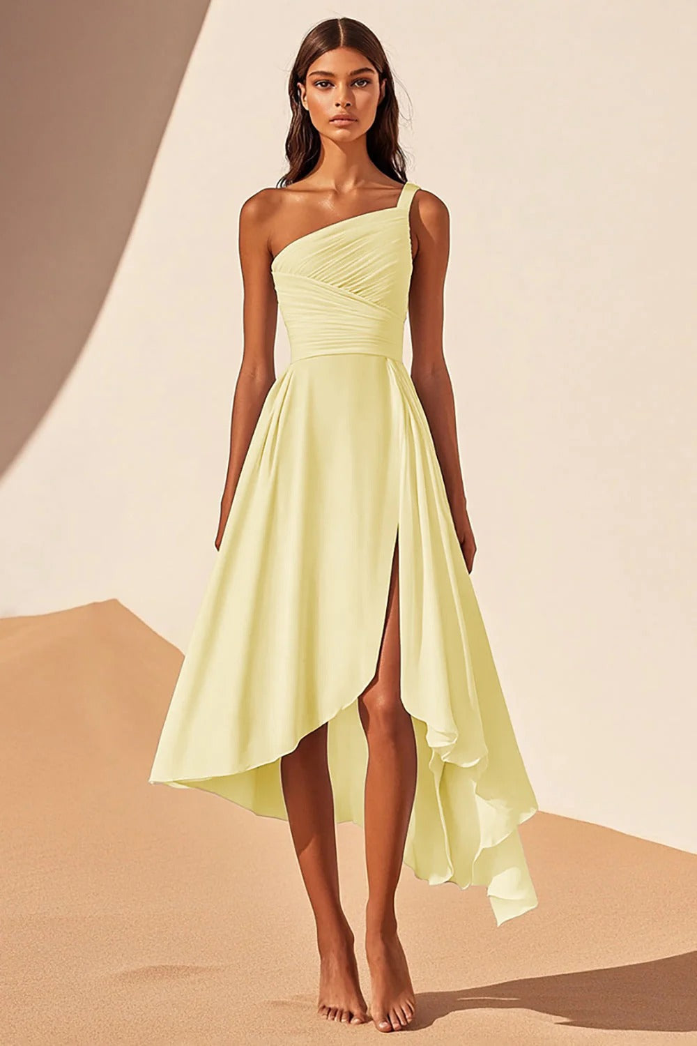 Daffodil Chiffon One Shoulder A Line Midi Graduation Dress with Slit