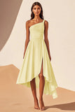 Daffodil Chiffon One Shoulder A Line Midi Graduation Dress with Slit