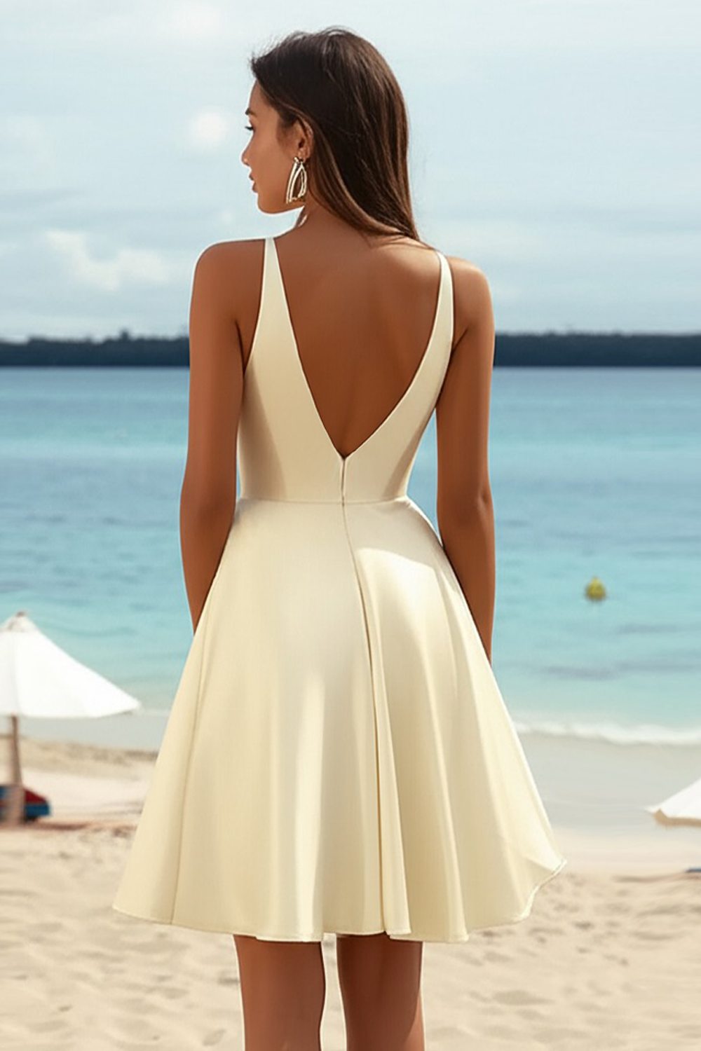 Daffodil Satin Deep V Neck A Line Short Graduation Dress