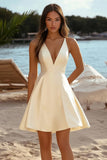 Daffodil Satin Deep V Neck A Line Short Graduation Dress