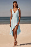 Sky Blue A Line Ruched V-Neck Midi Graduation Dress