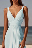 Sky Blue A Line Ruched V-Neck Midi Graduation Dress