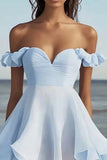 Sky Blue Chiffon A Line Short Cocktail Dress with Ruffles