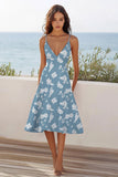 Blue White Flower V-Neck A Line Midi Boho Summer Dress