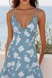 Blue White Flower V-Neck A Line Midi Boho Summer Dress