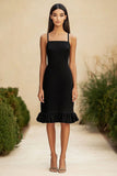 Black Satin Square Neck Ruffled Midi Bodycon Formal Dress