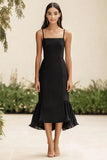 Chiffon Sheath Black Ruffled Long Formal Dress