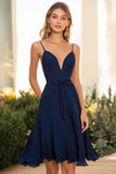 Navy Chiffon A Line Spaghetti Straps Short Cocktail Dress