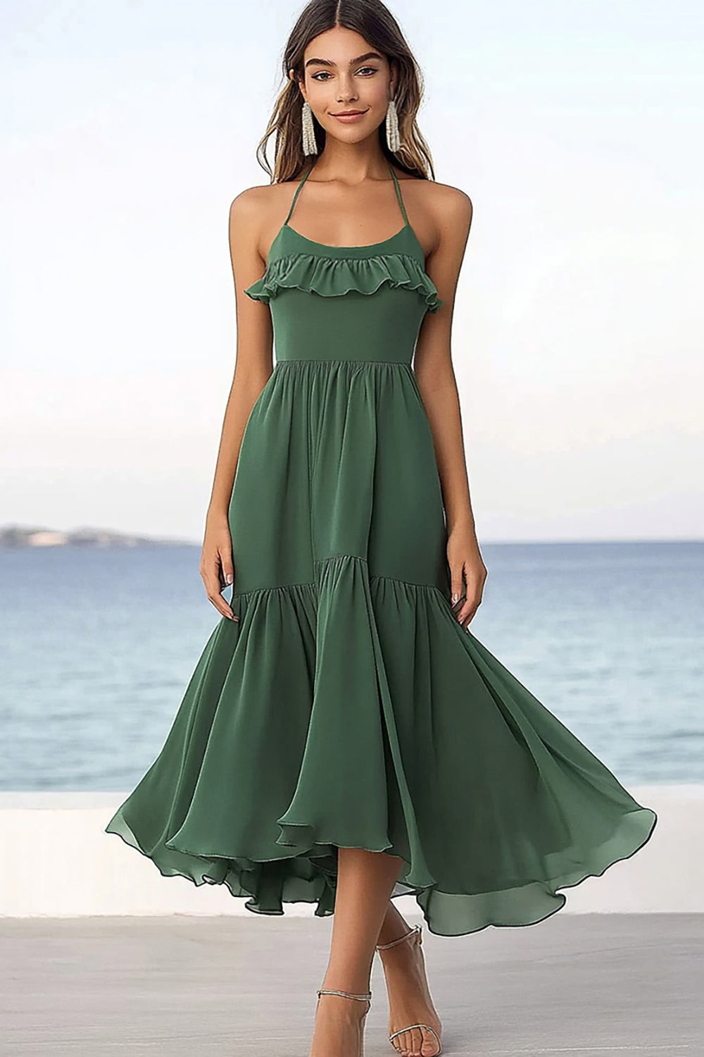 Eucalyptus Chiffon Halter A Line Boho Maxi Dress with Ruffles