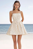 Ivory Polka Dots Spaghetti Straps A Line Short Boho Dress