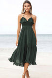 Dark Green Chiffon Halter A Line Boho Maxi Dress with Ruffles