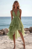 Green Chiffon V Neck A Line Tiered Midi Summer Dress with Ruffles