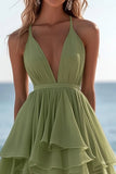 Green Chiffon V Neck A Line Tiered Midi Summer Dress with Ruffles