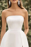 White Satin A Line Strapless Short Graduation Dress with Slit