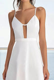 White Satin A Line Spaghetti Straps Midi Graduation Dress with Lace