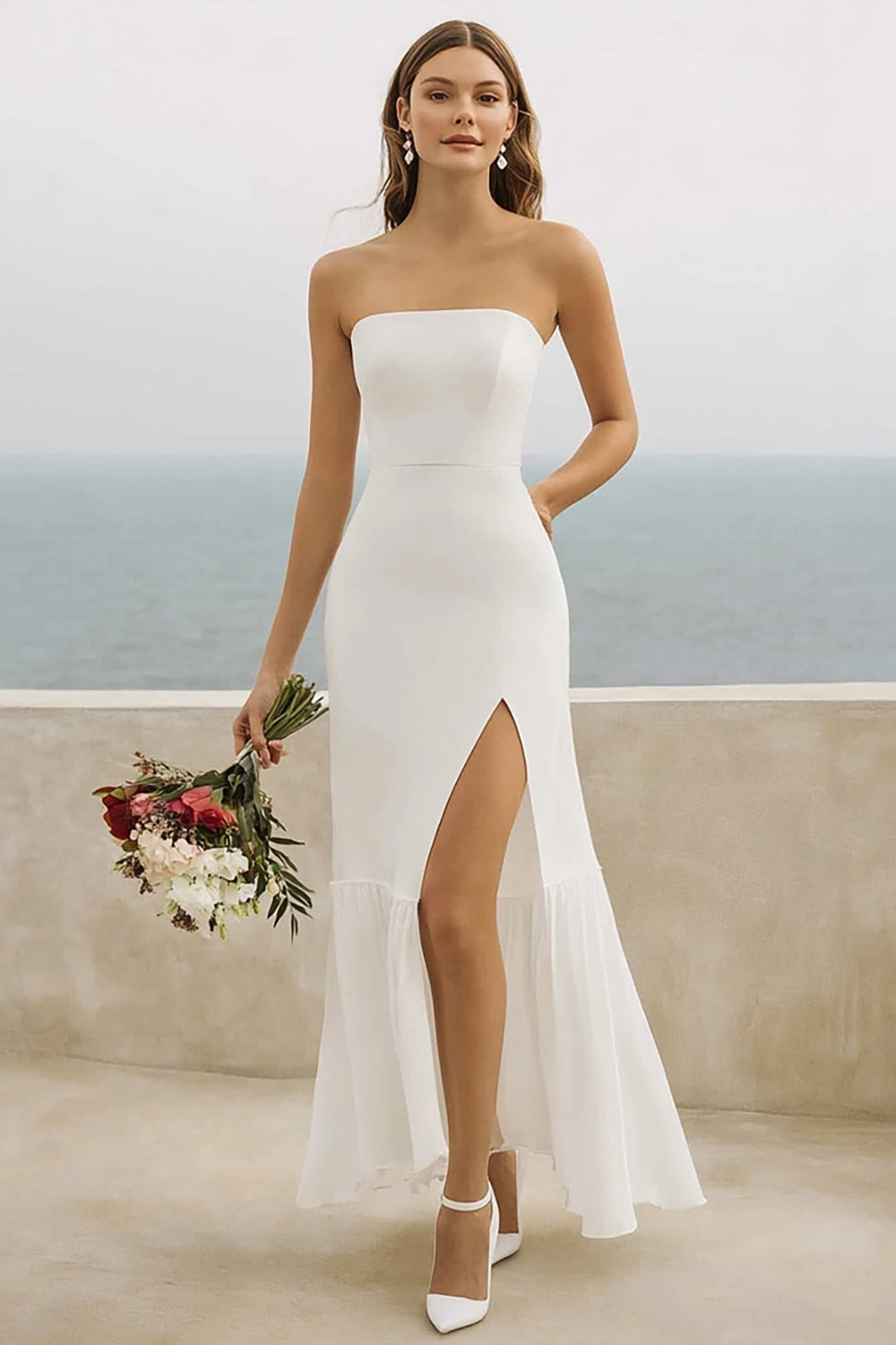 Strapless White Sheath Long Formal Dress with Slit