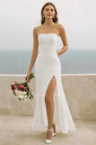 Strapless White Sheath Long Formal Dress with Slit