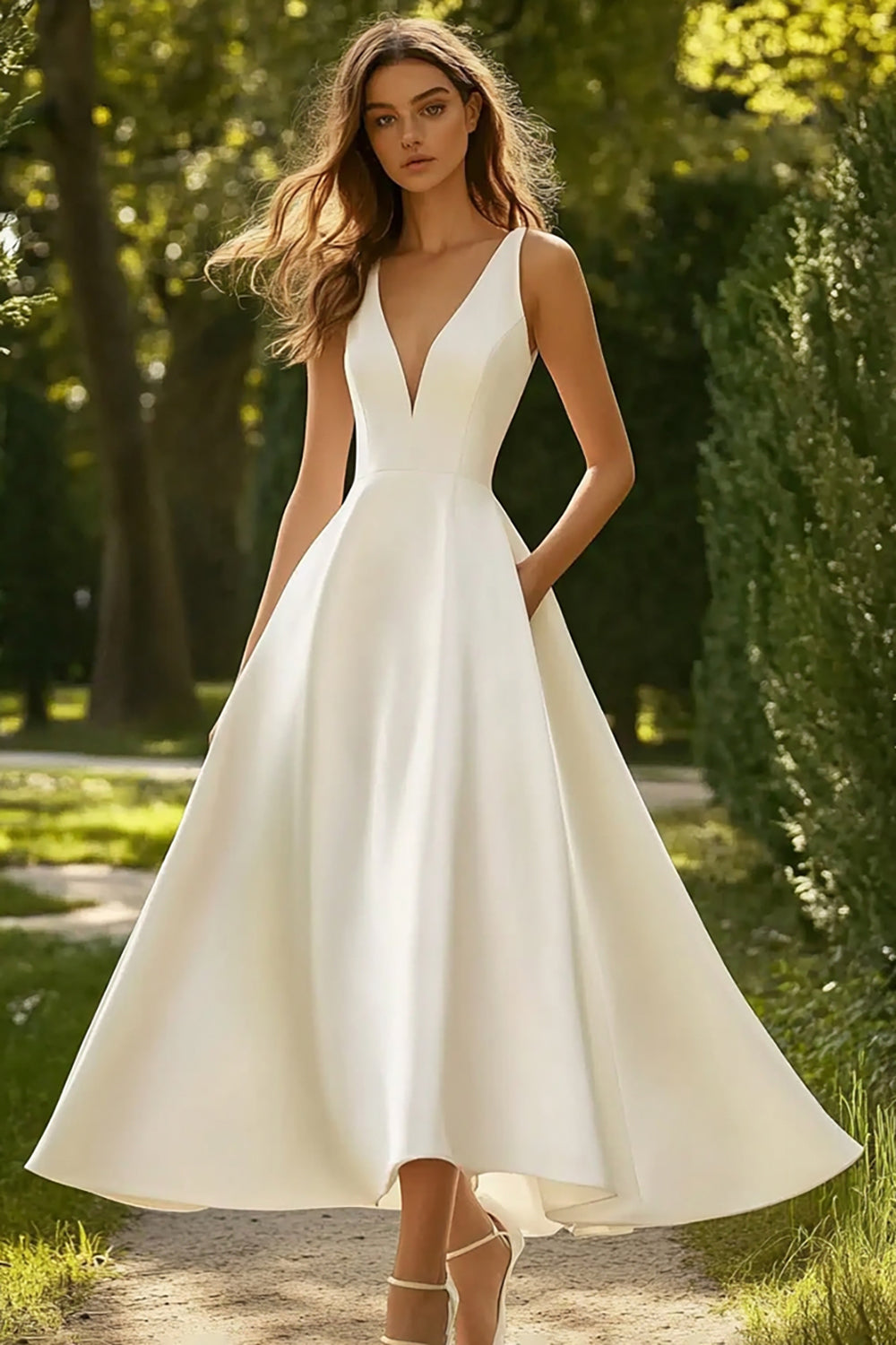 Simple White A Line V Neck Satin Long Formal Dress