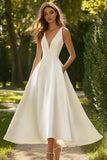 Simple White A Line V Neck Satin Long Formal Dress