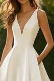 Simple White A Line V Neck Satin Long Formal Dress