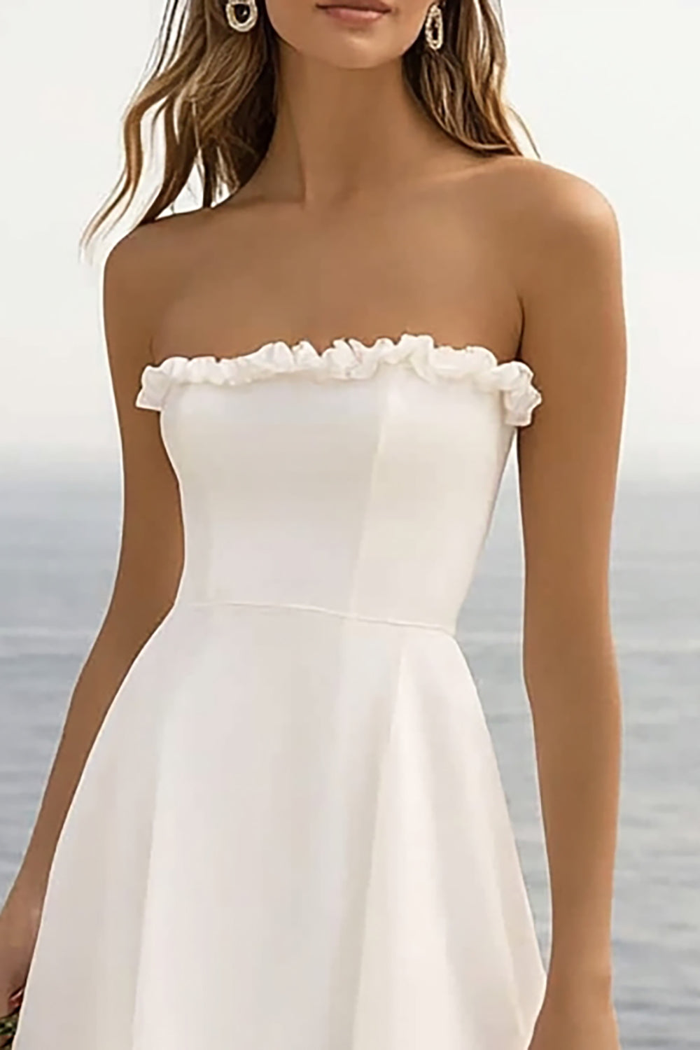 White Chiffon Ruffled Strapless High-Low Graduation Dress