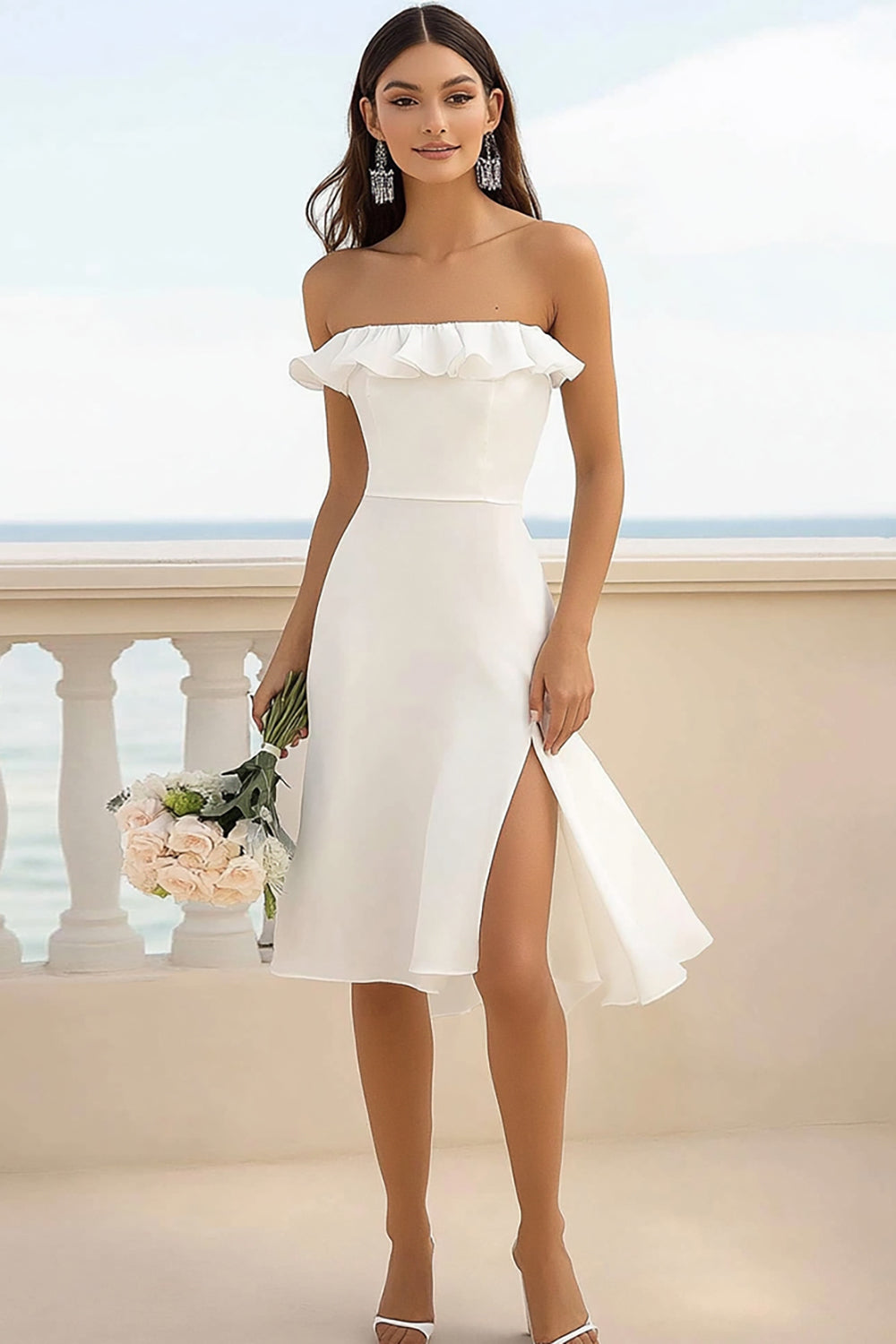 White Satin Bodycon Strapless Midi Graduation Dress with Slit
