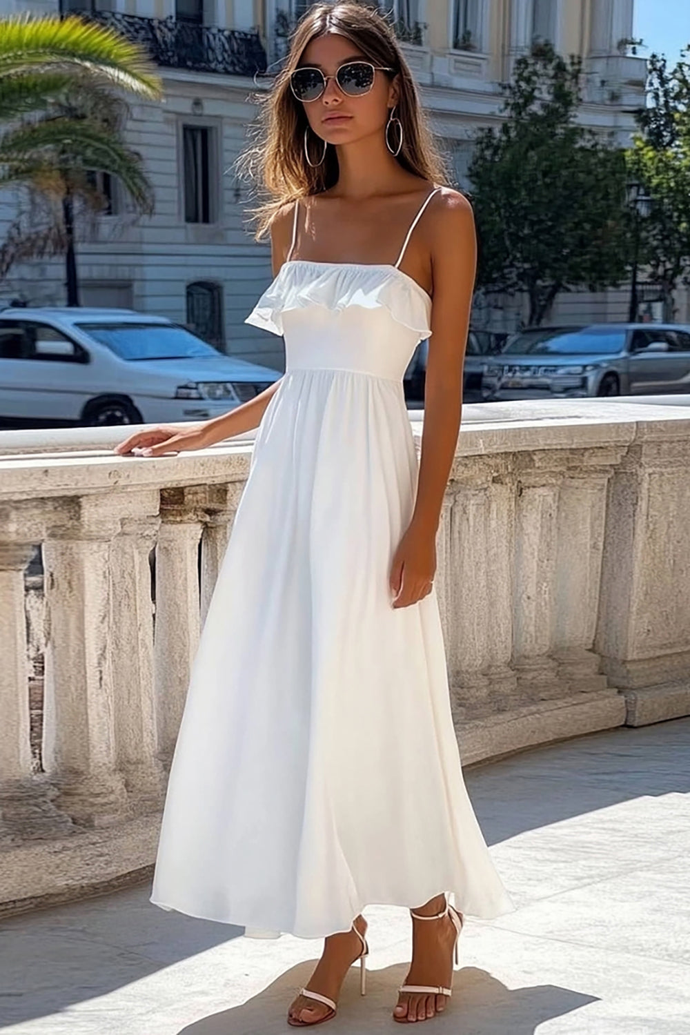 White Ruffled Spaghetti Straps A Line Long Summer Dress