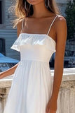White Ruffled Spaghetti Straps A Line Long Summer Dress