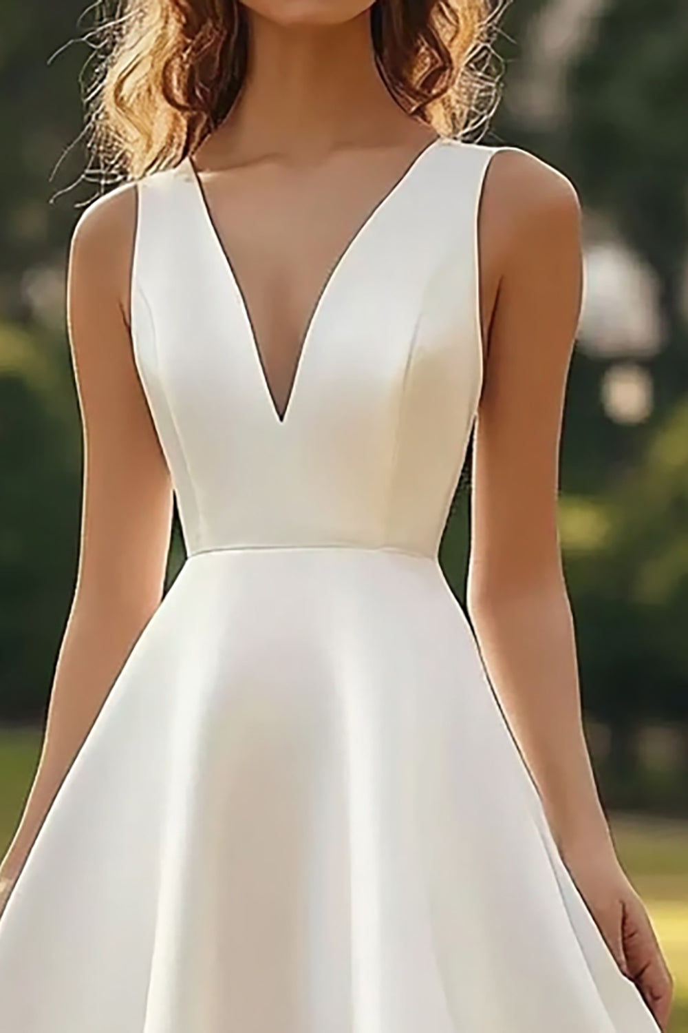 White Satin A Line V Neck Midi Graduation Dress