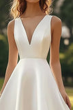 White Satin A Line V Neck Midi Graduation Dress