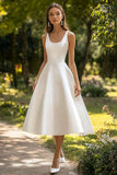 White Satin Scoop Neck A Line Midi Graduation Dress