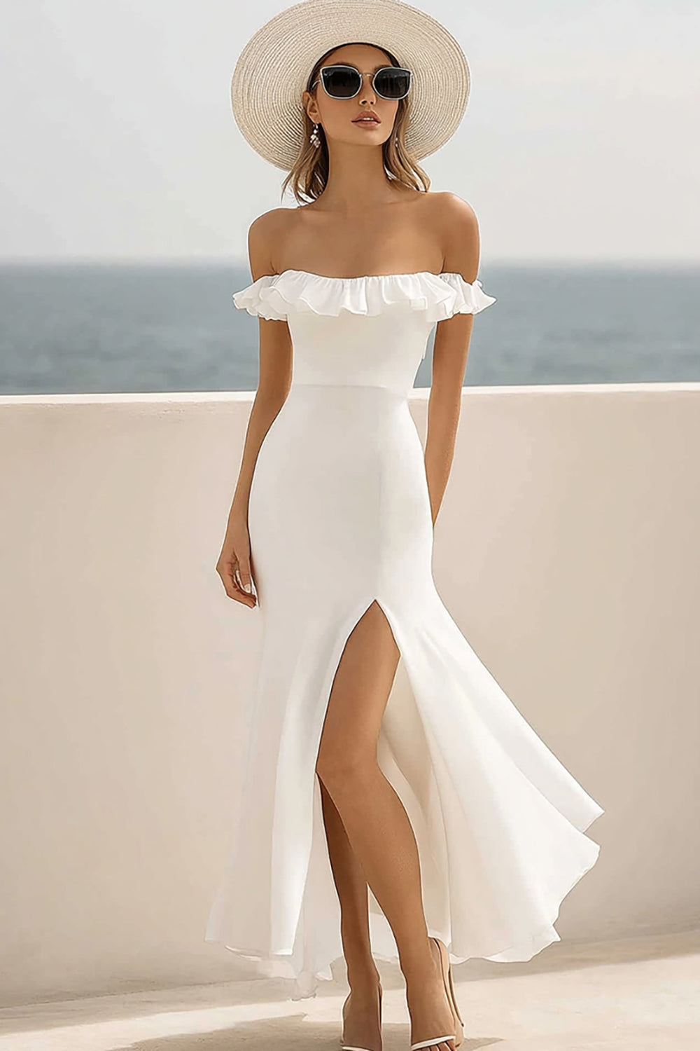 White Chiffon Ruffled Off The Shoulder Long Boho Dress