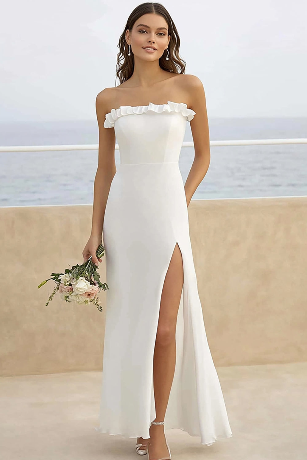 White Chiffon Strapless Ruffled Long Formal Dress with Slit