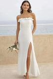 White Chiffon Strapless Ruffled Long Formal Dress with Slit