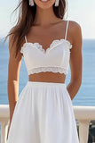 A Line 2 Pieces Ruffled Chiffon White Graduation Dress