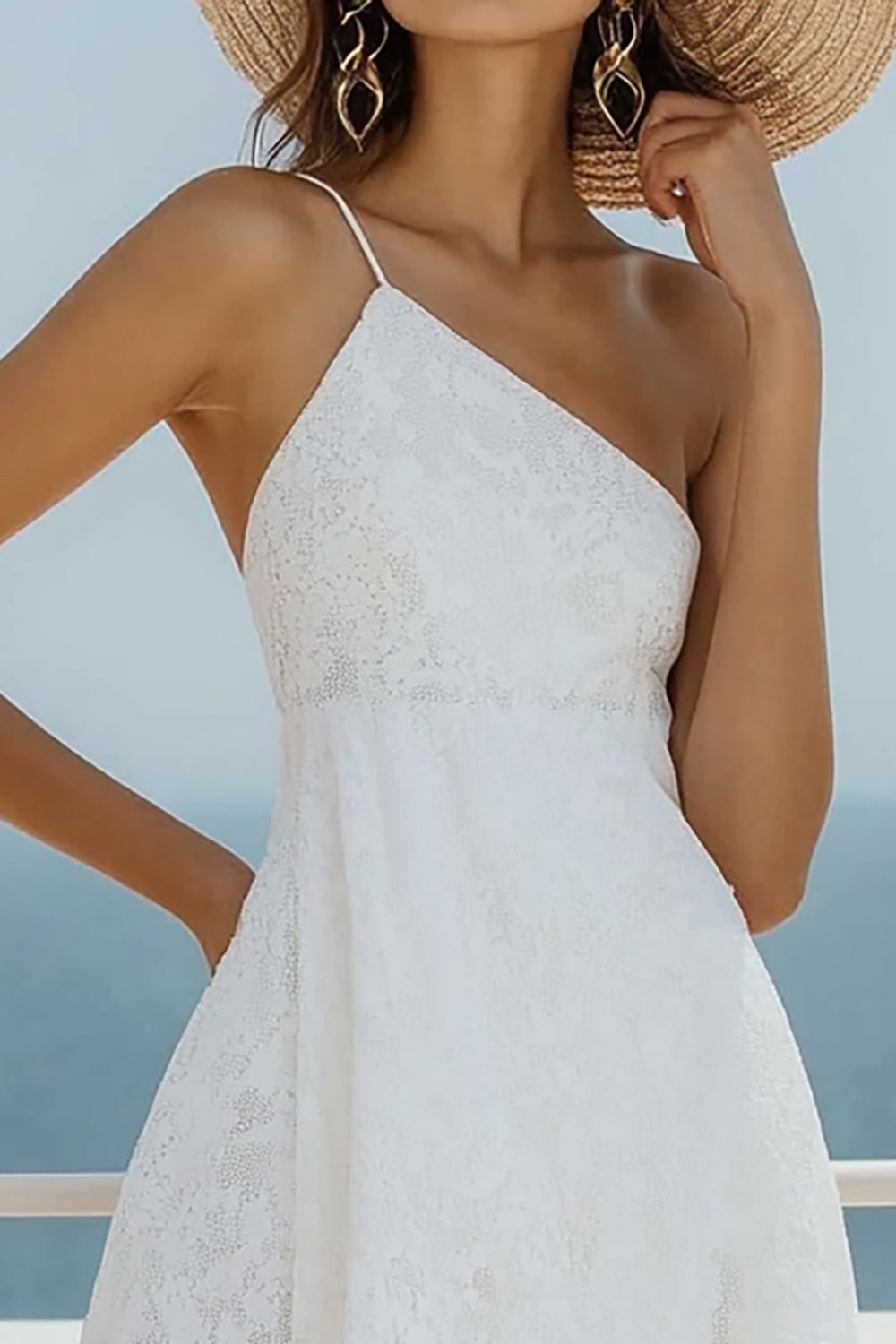 White Lace A Line One Shoulder Short Graduation Dress