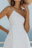White Lace A Line One Shoulder Short Graduation Dress