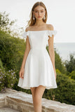 White Satin Off The Shoulder Ruffled Short Graduation Dress