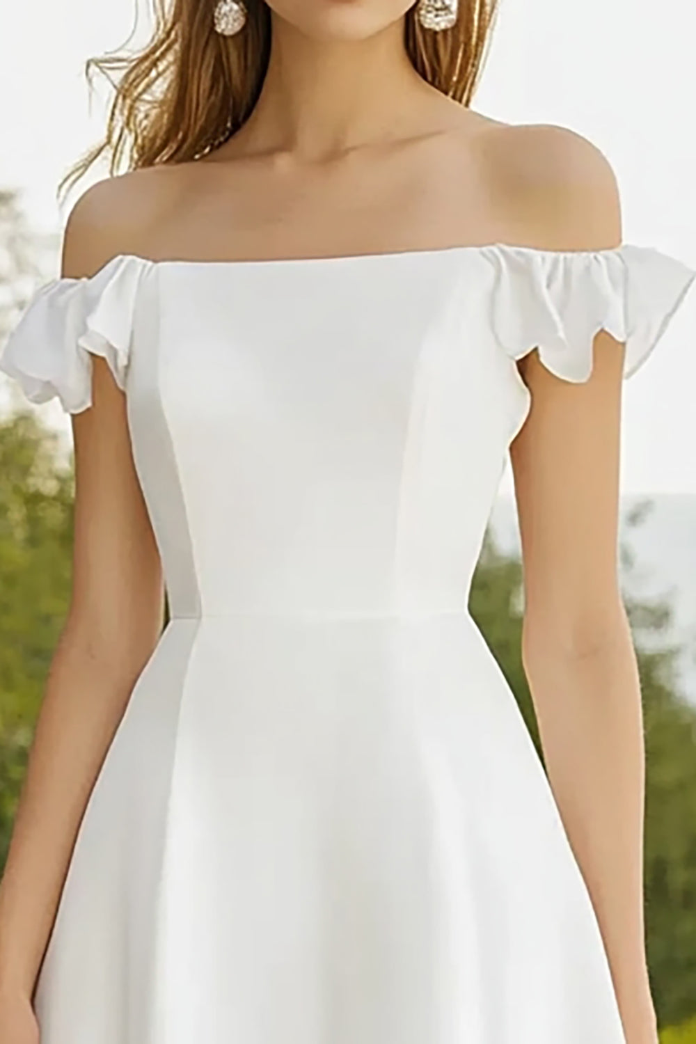 White Satin Off The Shoulder Ruffled Short Graduation Dress