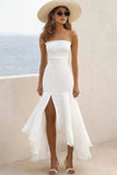 White Sheath Chiffon Strapless Ruffled Long Formal Dress with Slit
