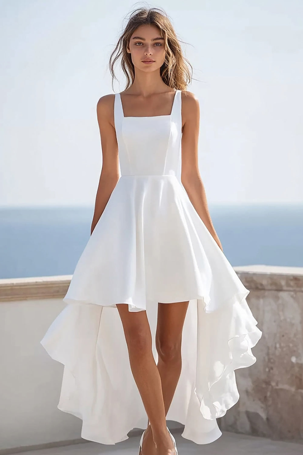 White Chiffon Square Neck A Line Ruffled High-Low Graduation Dress