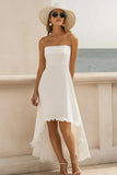 White Chiffon Strapless High-Low Graduation Dress with Ruffles