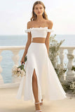 White Satin A Line 2-Piece Ruffled Long Formal Dress with Slit