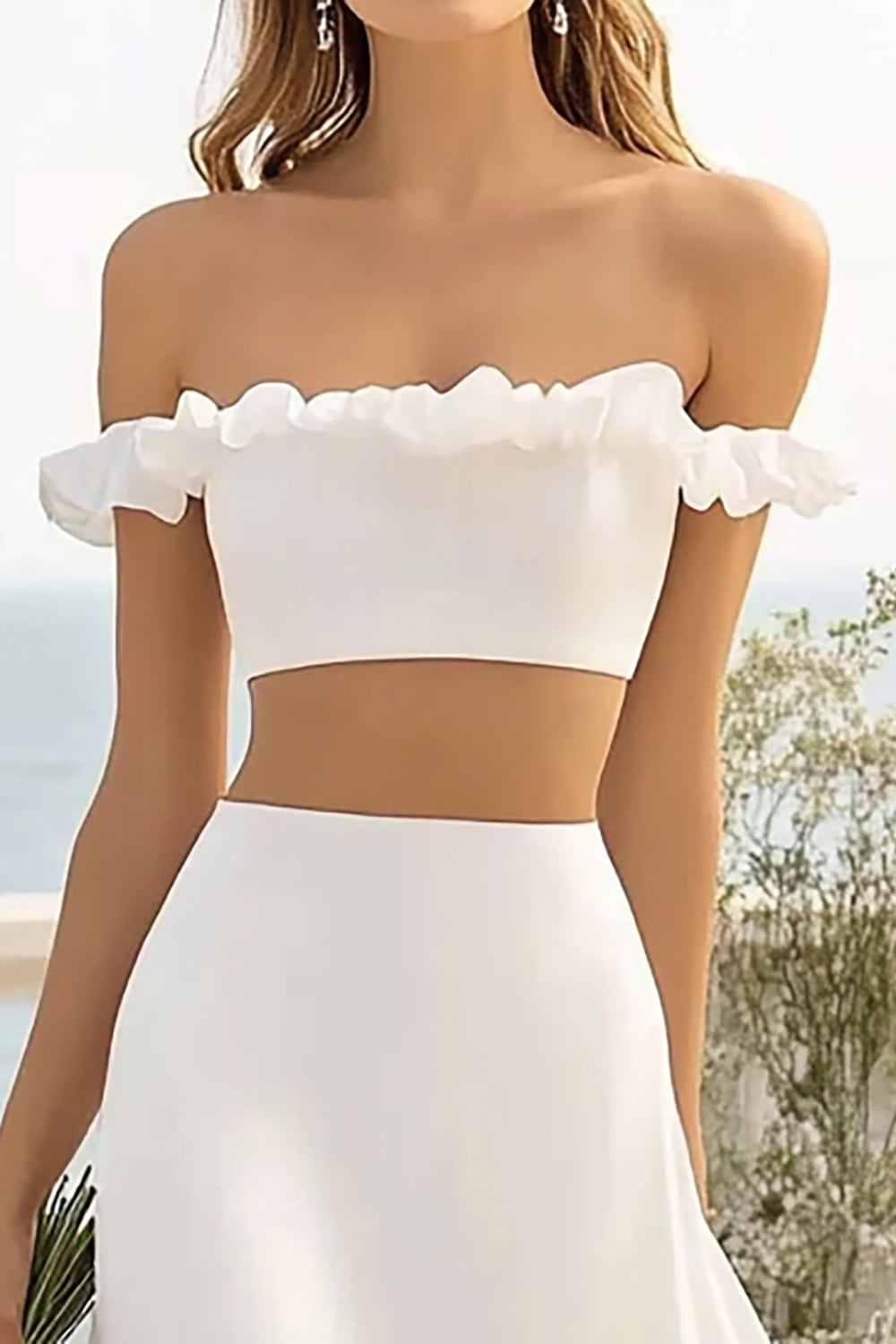 White Satin A Line 2-Piece Ruffled Long Formal Dress with Slit