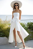 White Strapless High-Low Boho Dress with Bow