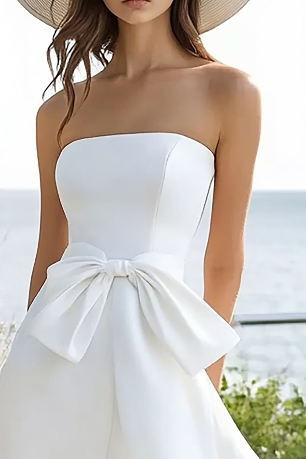 White Strapless High-Low Boho Dress with Bow